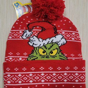DR SEUSS THE GRINCH CHRISTMAS POM POM RED BEANIE HAT ONE SIZE